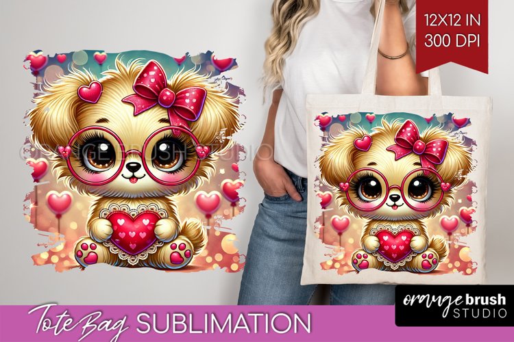 Valentine Dog Tote Bag - Cute Puppy Tote Bag PNG Sublimation