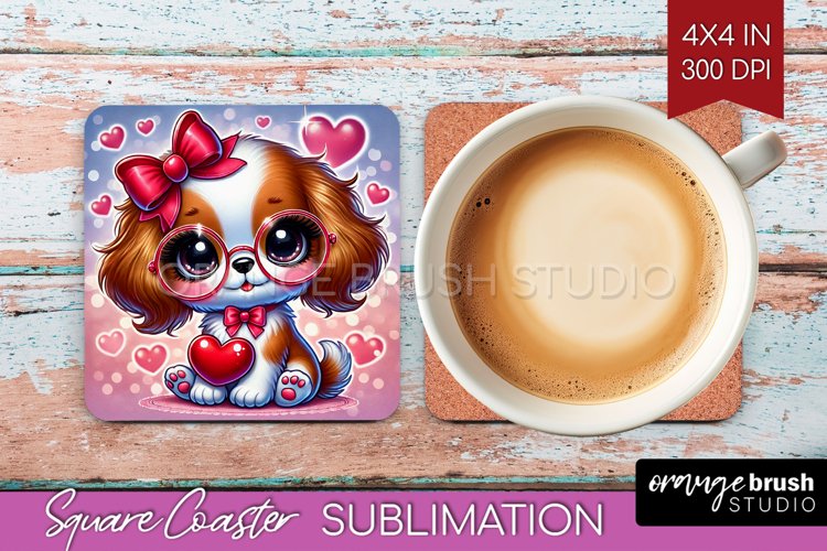 Valentine Dog Square Coaster - Cute Puppy Coaster PNG