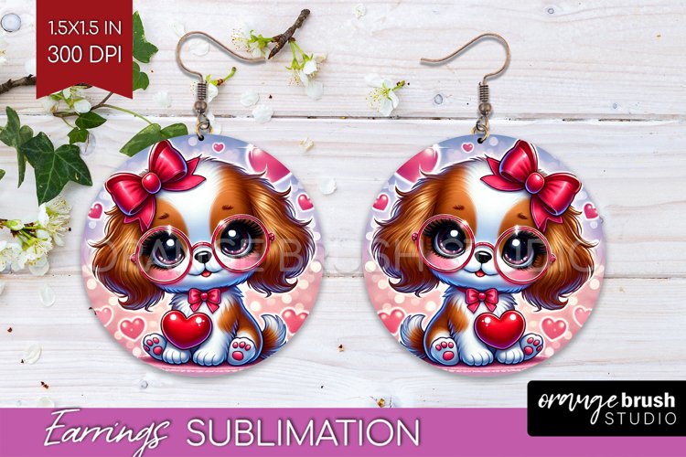 Valentine Dog Round Earrings - Cute Puppy PNG Sublimation