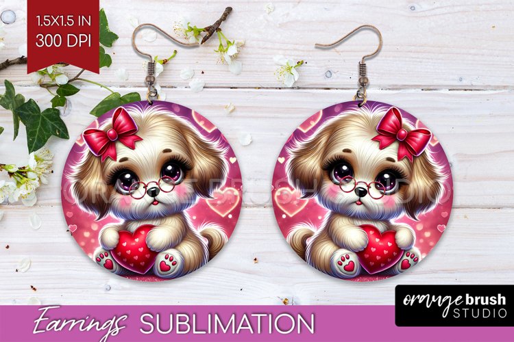 Valentine Dog Round Earrings - Cute Puppy PNG Sublimation