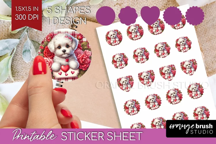 Valentine Dog Round Sticker - Valentines Day Printable Sheet