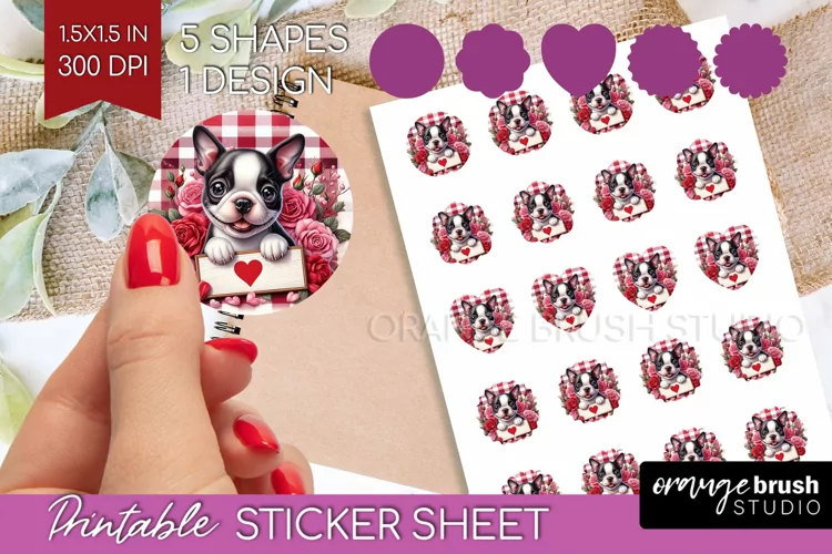 Valentine Dog Round Sticker - Valentines Day Printable Sheet