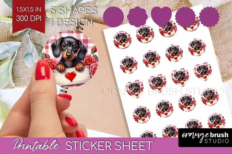 Valentine Dog Round Sticker - Valentines Day Printable Sheet