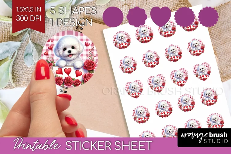 Valentine Dog Round Sticker - Valentines Day Printable Sheet