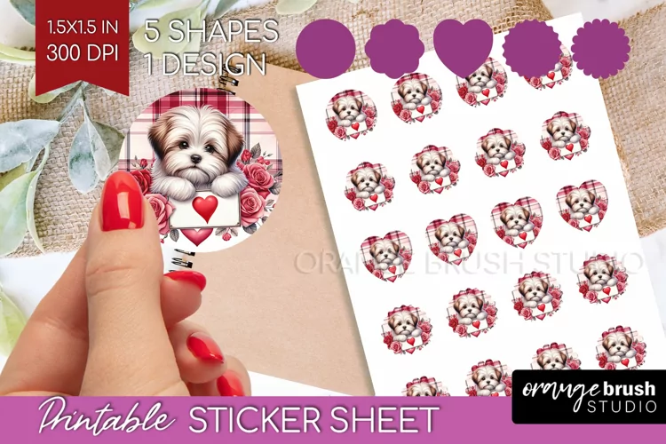 Valentine Dog Round Sticker - Valentines Day Printable Sheet