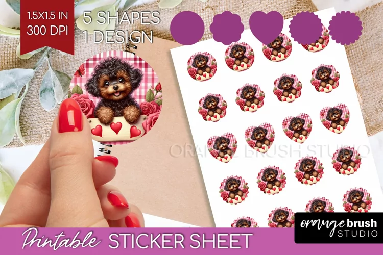 Valentine Dog Round Sticker - Valentines Day Printable Sheet