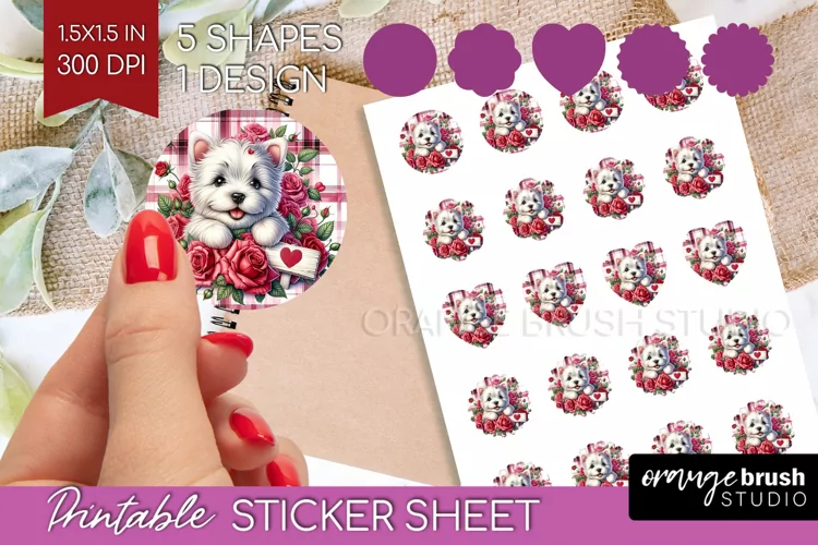 Valentine Dog Round Sticker - Valentines Day Printable Sheet