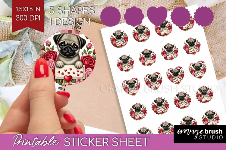 Valentine Dog Round Sticker - Valentines Day Printable Sheet
