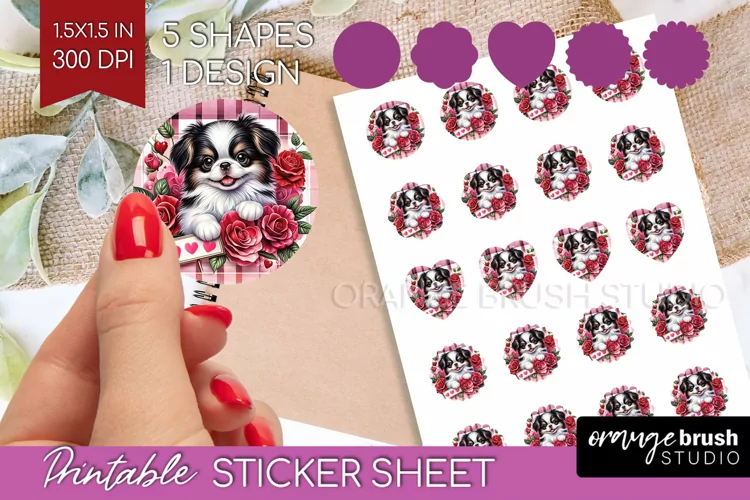 Valentine Dog Round Sticker - Valentines Day Printable Sheet