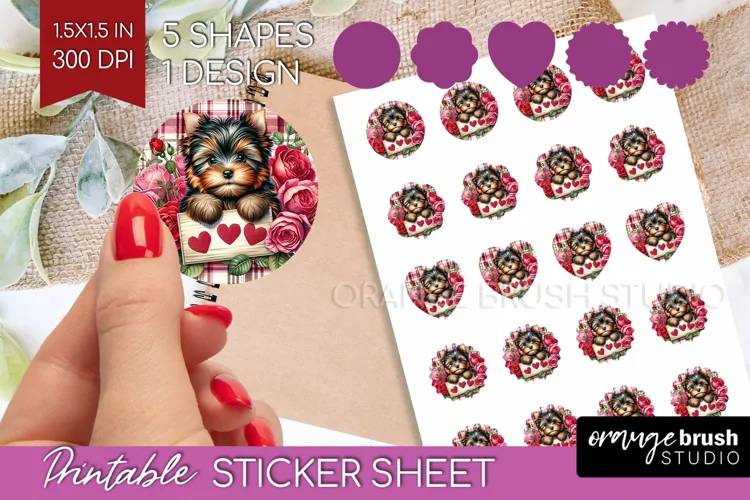 Valentine Dog Round Sticker - Valentines Day Printable Sheet