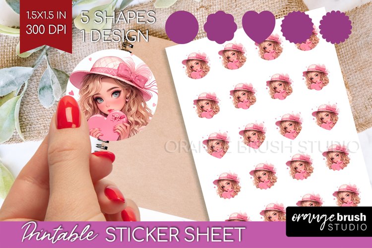 Valentine Girl Round Sticker - Valentines Day Printable example image 1