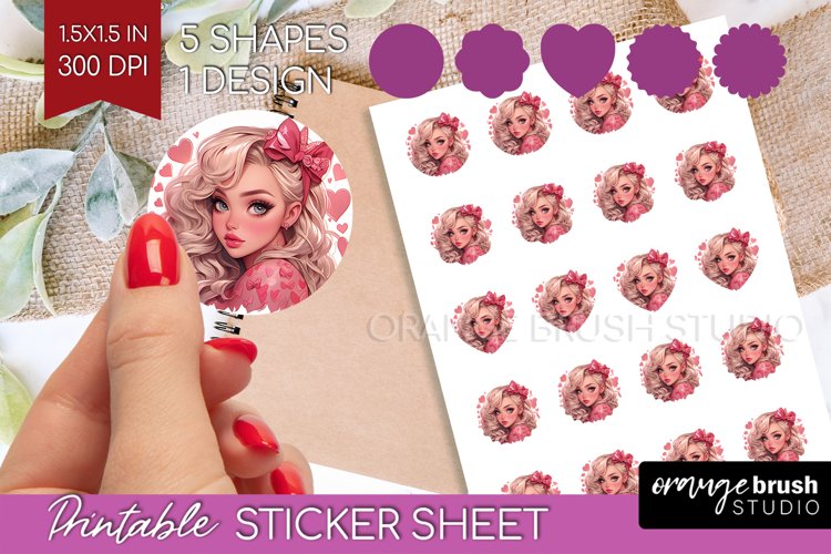 Valentine Girl Round Sticker - Valentines Day Printable example image 1