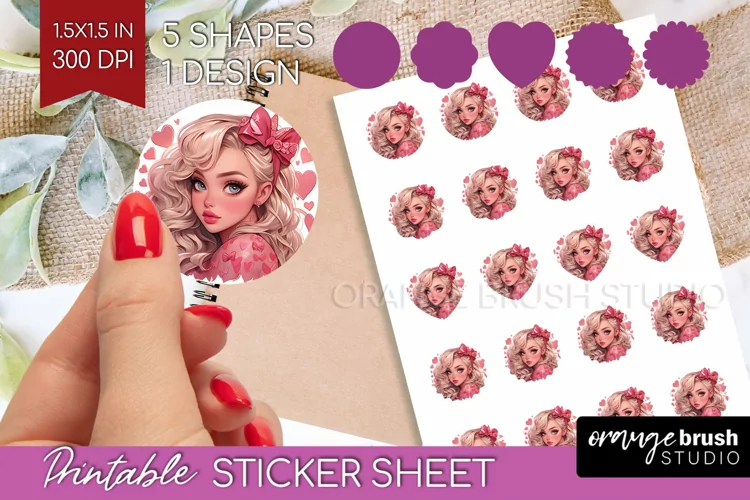 Valentine Girl Round Sticker - Valentines Day Printable