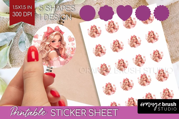 Valentine Girl Round Sticker - Valentines Day Printable