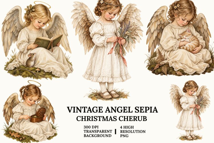 Vintage Angel Clipart, Sepia Cherub with Cat and Flowers PNG example image 1