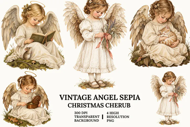 Vintage Angel Clipart, Sepia Cherub with Cat and Flowers PNG