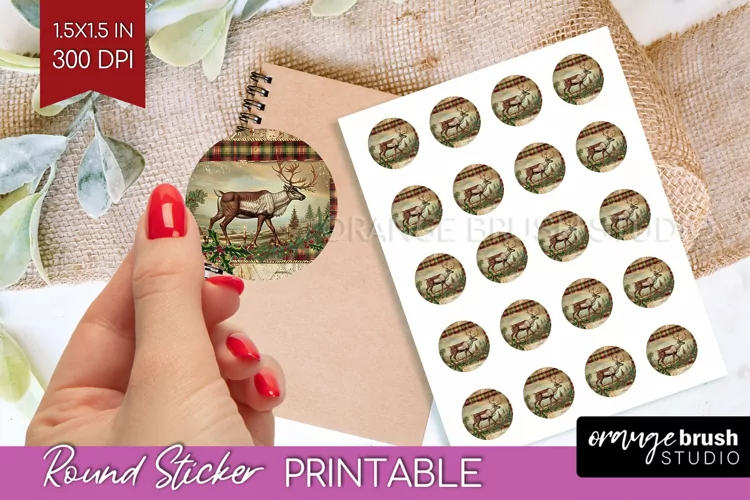 Vintage Christmas Round Sticker - Retro Printable Stickers