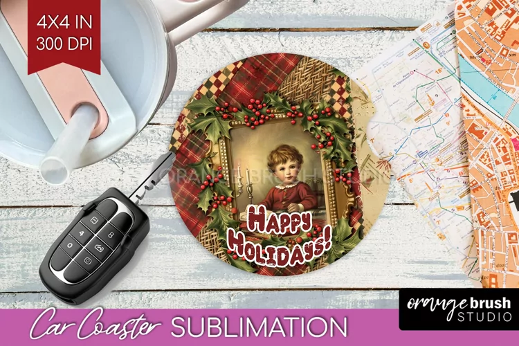 Vintage Christmas Car Coaster PNG - Xmas Coaster Sublimatoin