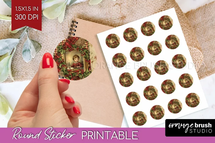 Vintage Christmas Round Sticker - Retro Printable Stickers