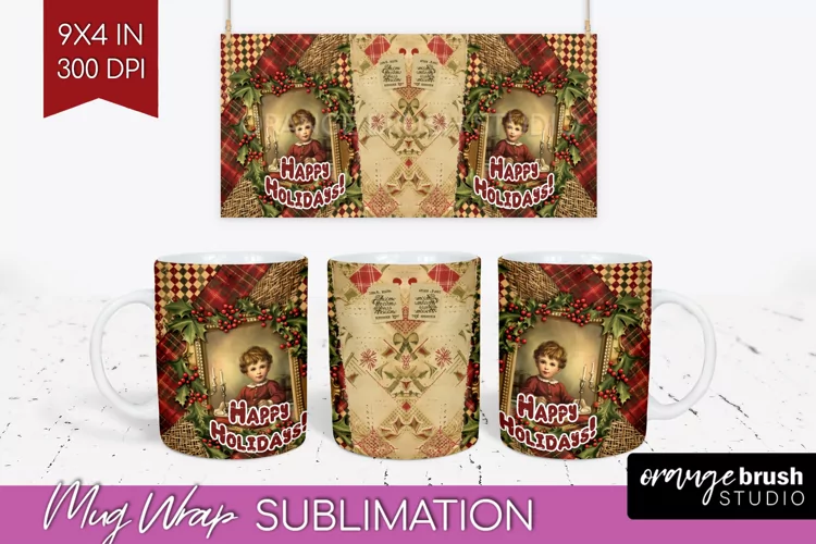 Vintage Christmas Mug Wrap - Retro Xmas 15Oz Mug Sublimation