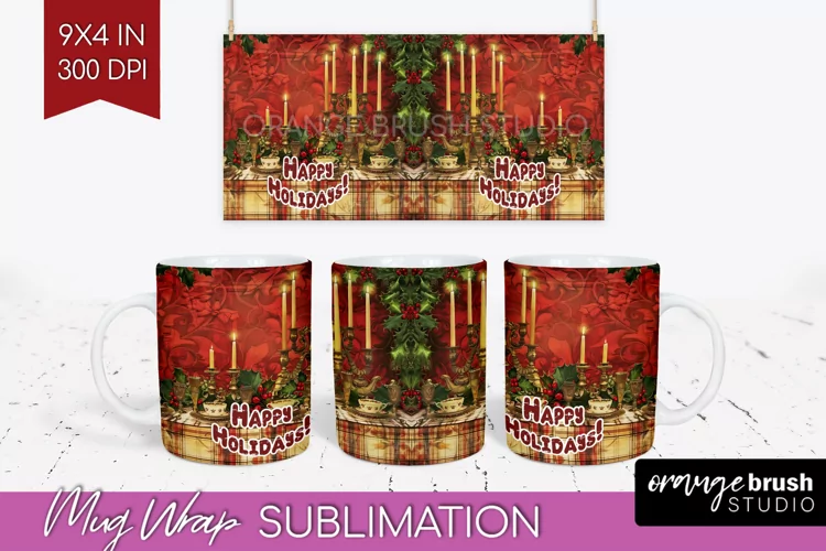 Vintage Christmas Mug Wrap - Retro Xmas 15Oz Mug Sublimation