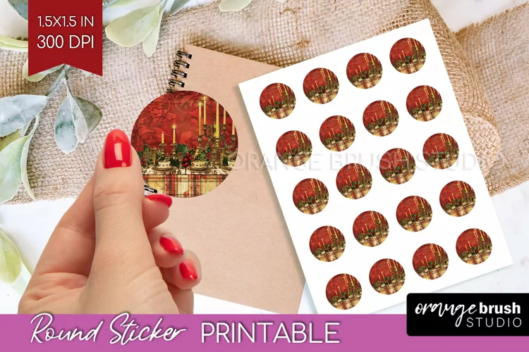 Vintage Christmas Round Sticker - Retro Printable Stickers