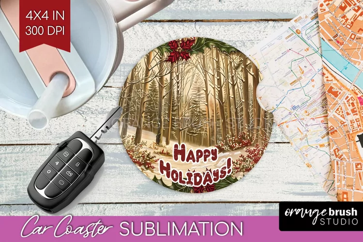 Vintage Christmas Car Coaster PNG - Xmas Coaster Sublimatoin