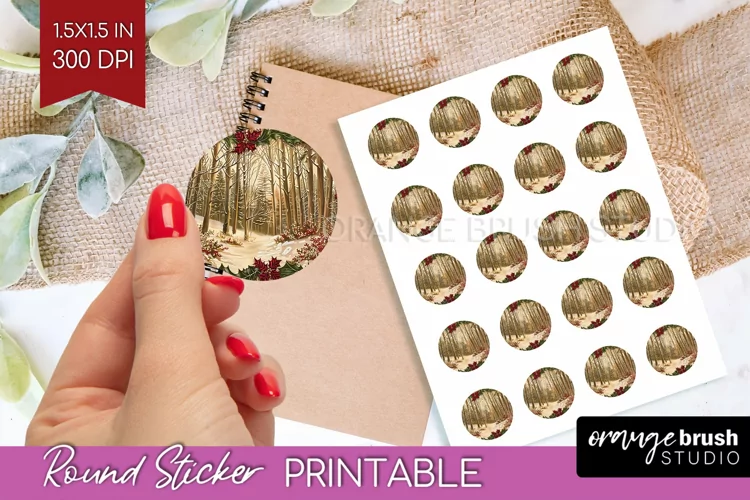 Vintage Christmas Round Sticker - Retro Printable Stickers