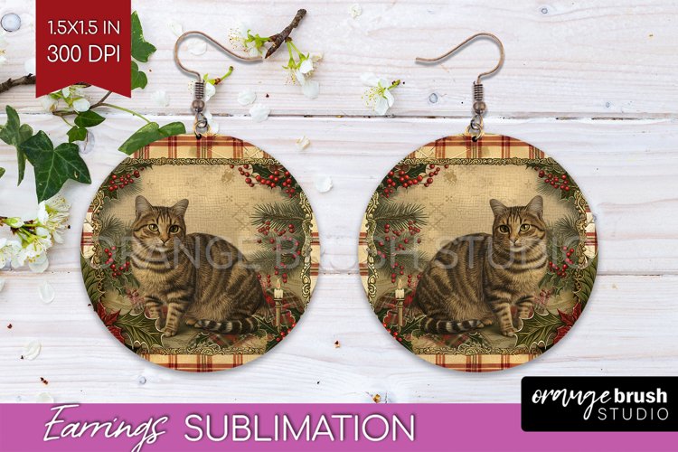 Vintage Christmas Round Earrings - Retro Xmas Sublimation example image 1