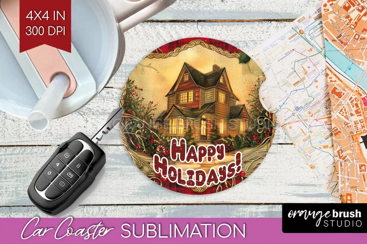 Vintage Christmas Car Coaster PNG - Xmas Coaster Sublimatoin