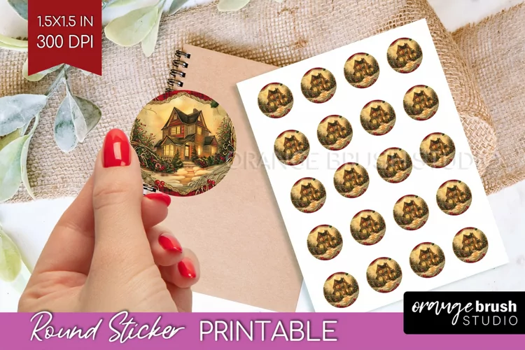 Vintage Christmas Round Sticker - Retro Printable Stickers