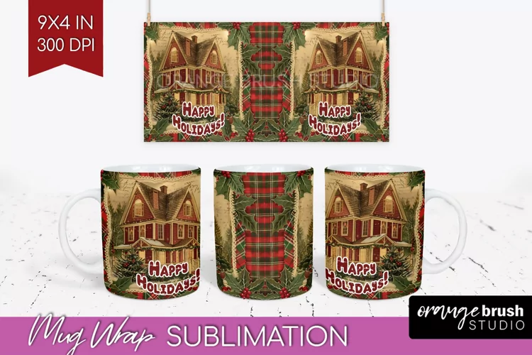 Vintage Christmas Mug Wrap - Retro Xmas 15Oz Mug Sublimation