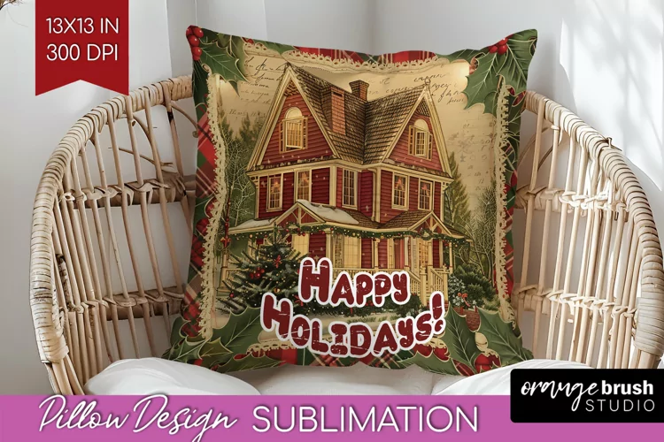 Vintage Christmas Pillow Sublimation - Xmas Pillow Cover PNG