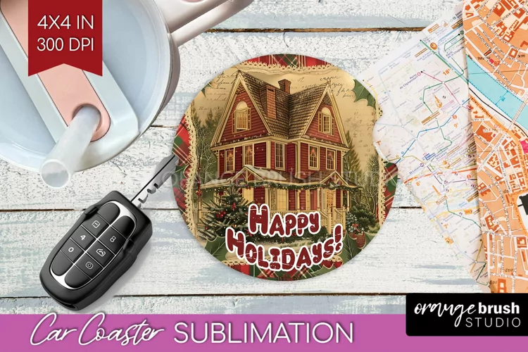 Vintage Christmas Car Coaster PNG - Xmas Coaster Sublimatoin