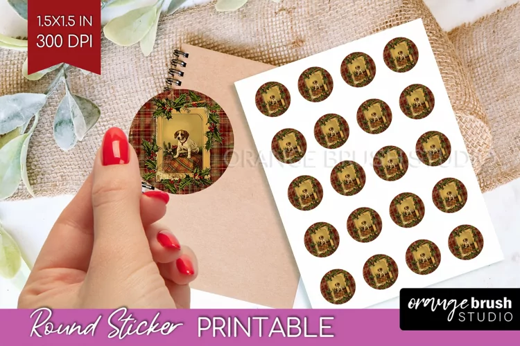 Vintage Christmas Round Sticker - Retro Printable Stickers