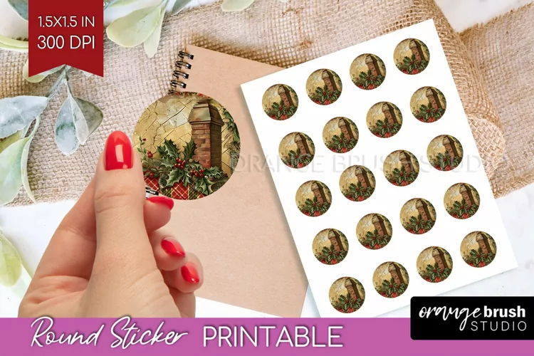 Vintage Christmas Round Sticker - Retro Printable Stickers