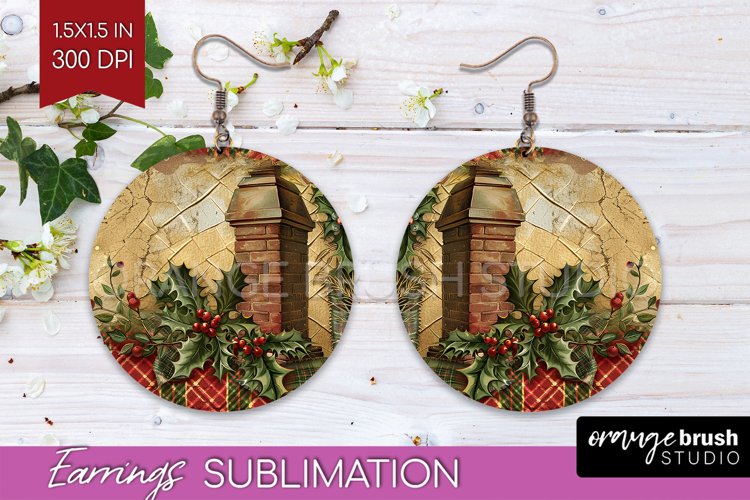 Vintage Christmas Round Earrings - Retro Xmas Sublimation example image 1