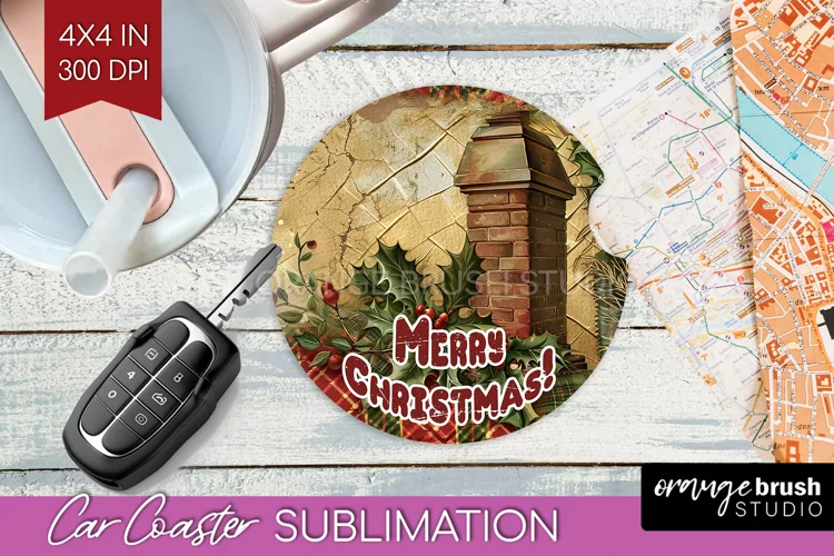 Vintage Christmas Car Coaster PNG - Xmas Coaster Sublimatoin