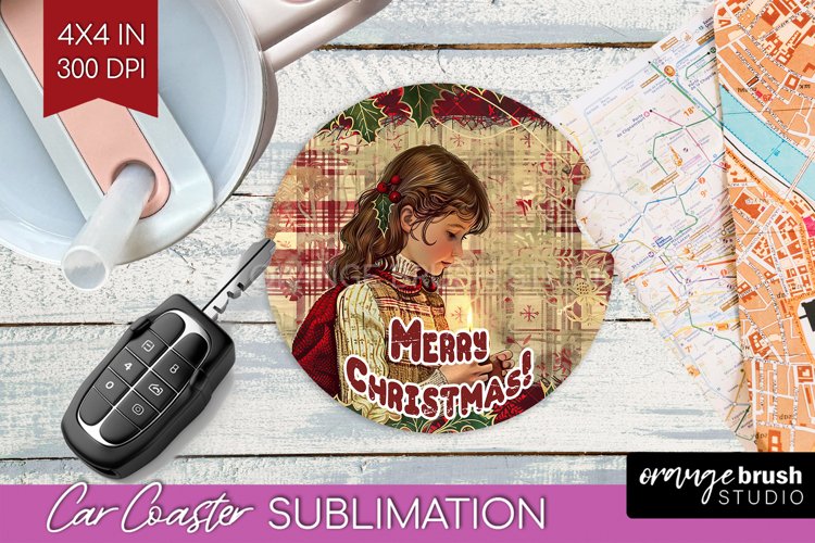 Vintage Christmas Car Coaster PNG - Xmas Coaster Sublimatoin