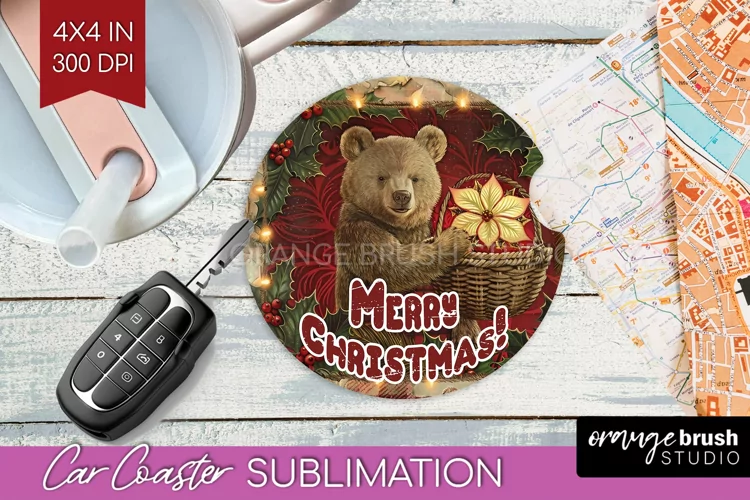 Vintage Christmas Car Coaster PNG - Xmas Coaster Sublimatoin