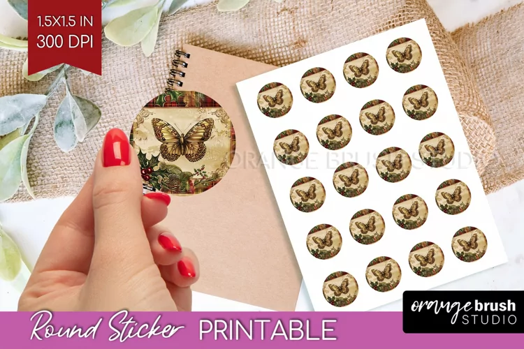Vintage Christmas Round Sticker - Retro Printable Stickers