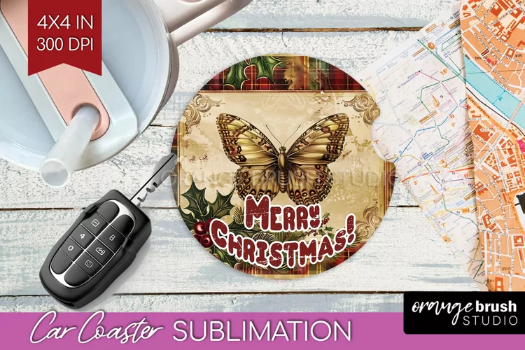 Vintage Christmas Car Coaster PNG - Xmas Coaster Sublimatoin