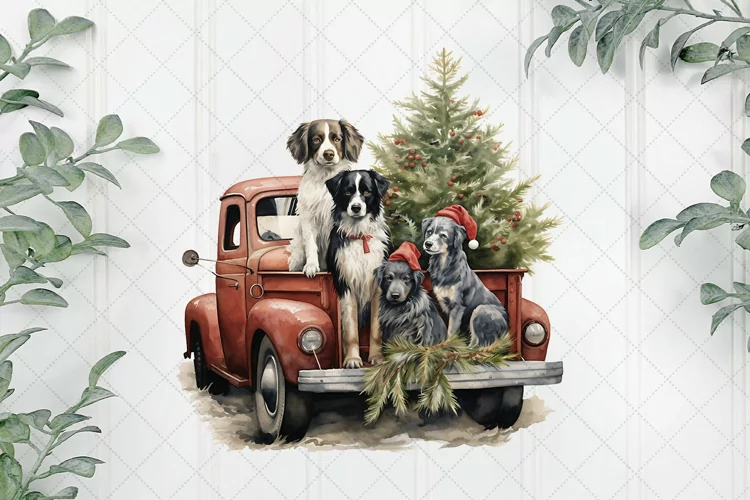 Vintage Red Truck With Many Puppies