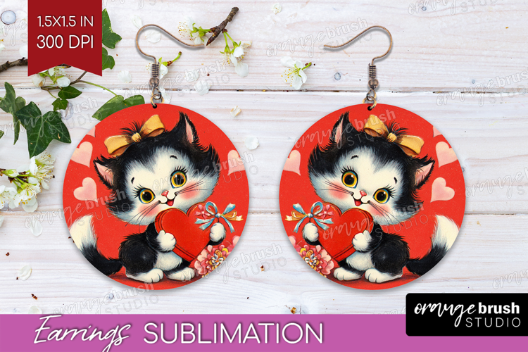 Vintage Valentines Day Round Earrings - Retro Animal PNG