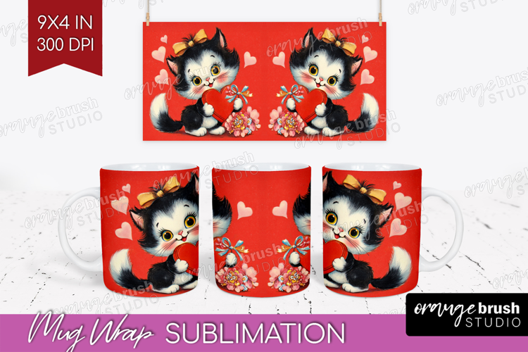 Vintage Valentines Day Mug Wrap - Retro Animal Mug PNG