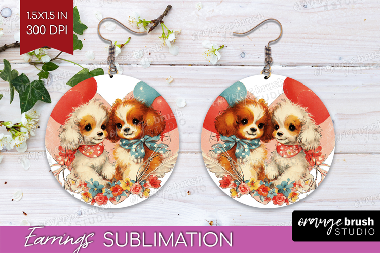 Vintage Valentines Day Round Earrings - Retro Animal PNG
