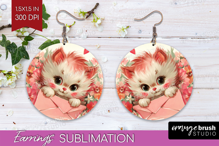 Vintage Valentines Day Round Earrings - Retro Animal PNG