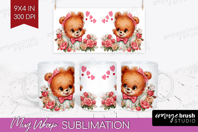 Vintage Valentines Day Mug Wrap - Retro Animal Mug PNG