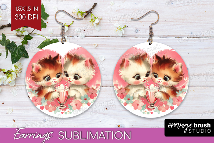 Vintage Valentines Day Round Earrings - Retro Animal PNG