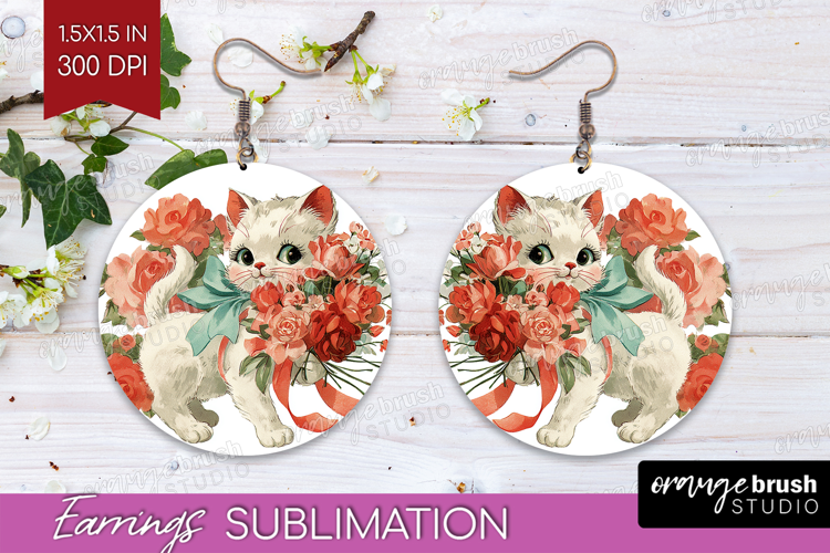 Vintage Valentines Day Round Earrings - Retro Animal PNG